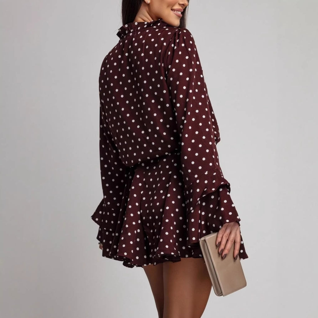 Women's Plus Size Polka-Dot Long-Sleeve V-Neck Dress