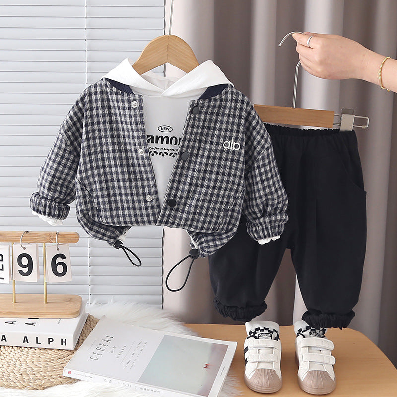 Kids’ Plaid & Letter-Print Hooded Outfit Set, 3 Pieces