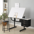 White Adjustable Drafting Desk & Stool with 3 Drawers