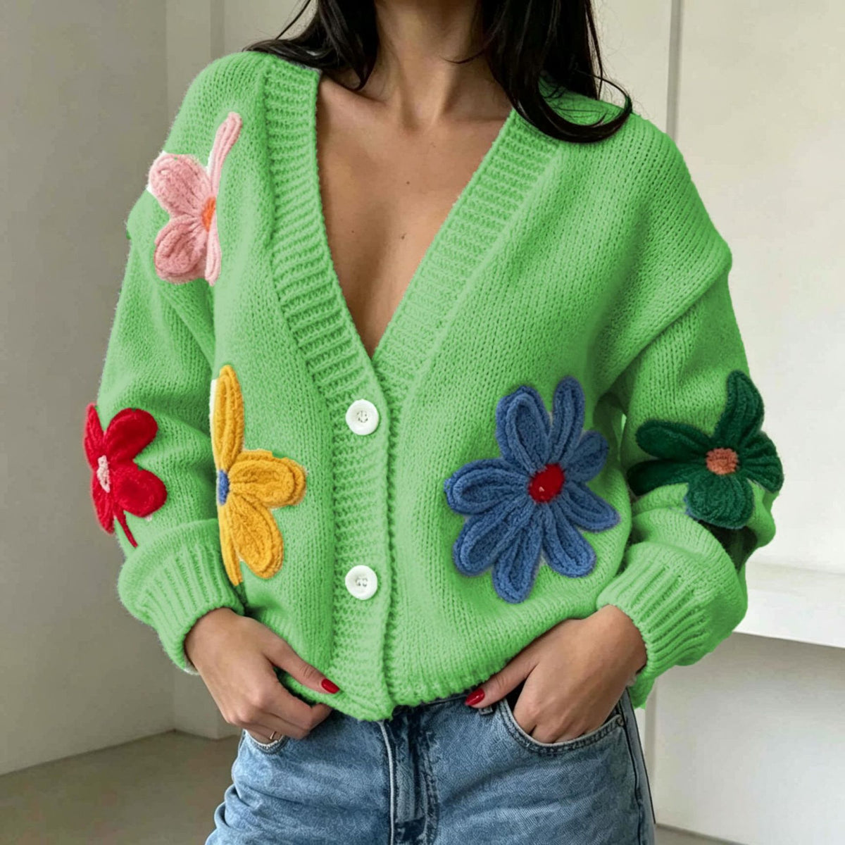 Women's Colorful Floral V-Neck Sweater