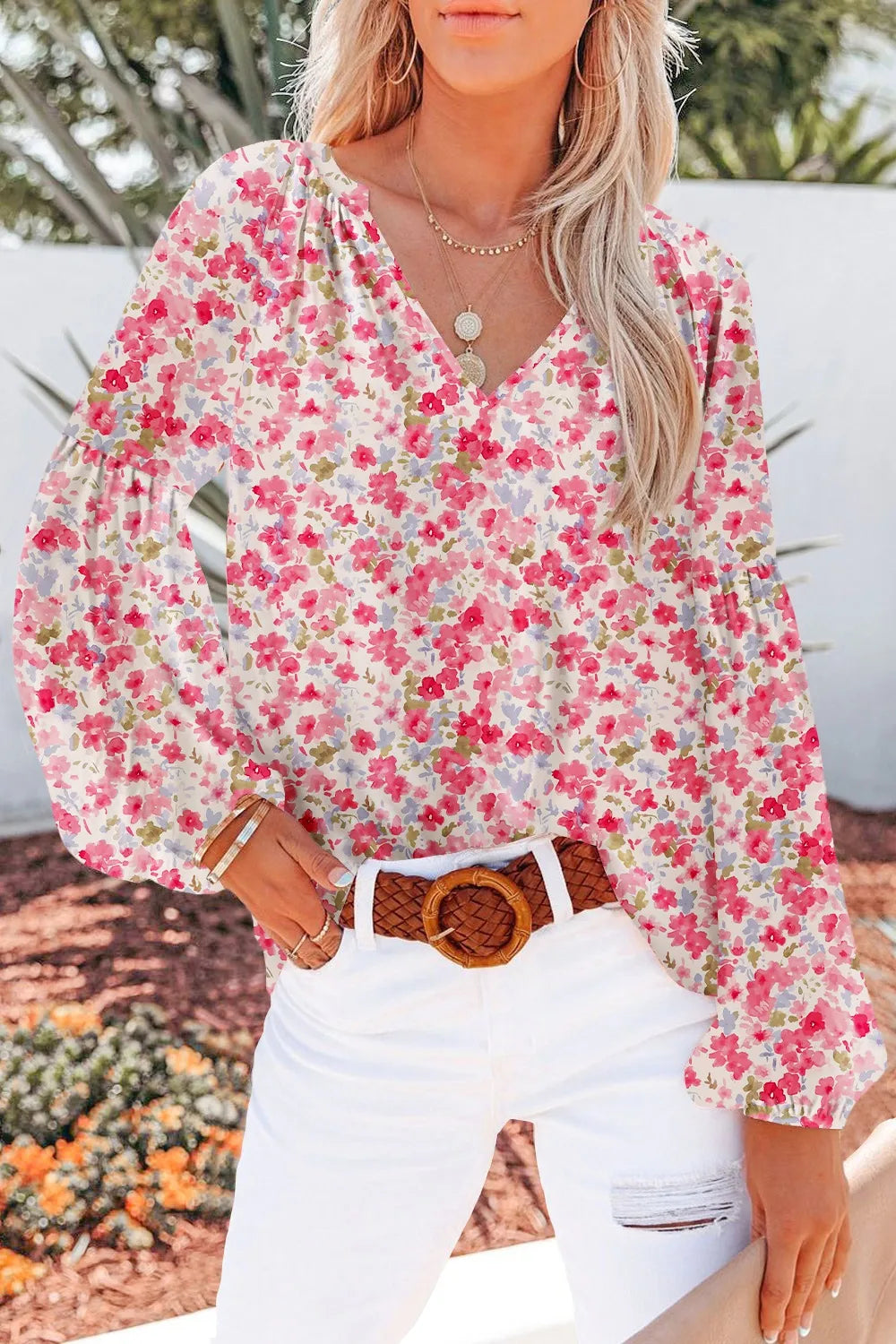 Women's Printed Notched-Neck Long-Sleeve Blouse