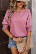 Notched-Neck Lantern-Sleeve Blouse