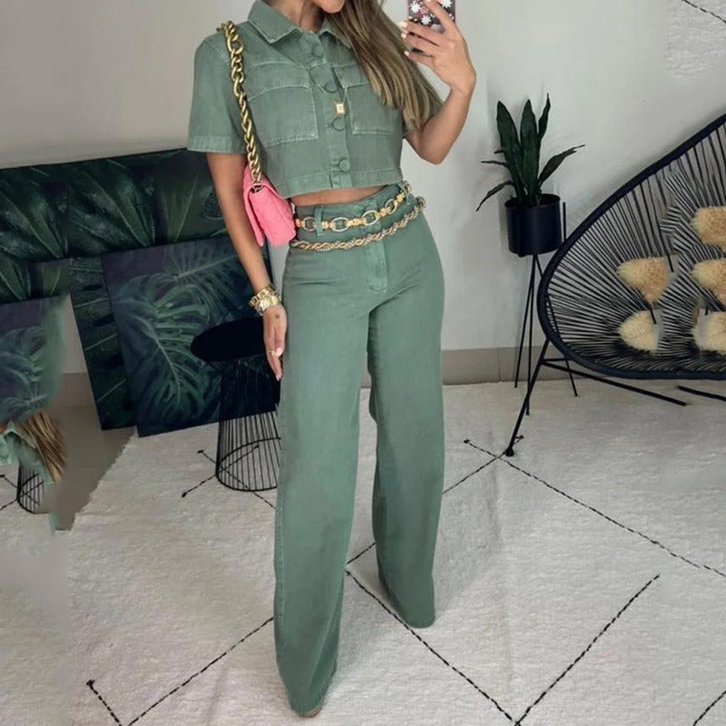 Lapel-Detail Top & Wide-Leg Pants Set
