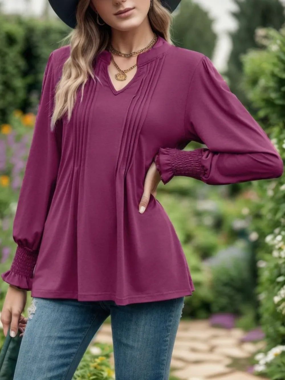 Women's Notched Smocked Flounce-Sleeve Blouse