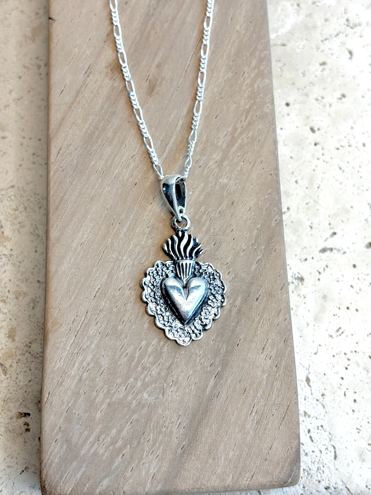925 Sterling Silver Sacred Heart Figaro Necklace