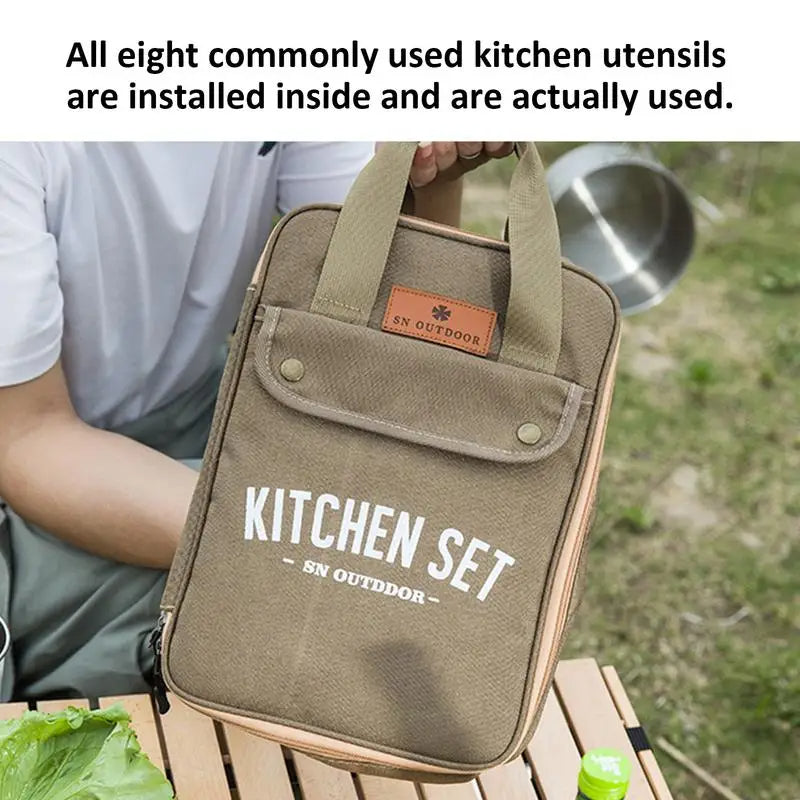 8-Piece Stainless Steel Camping Kitchen Utensil Set with Organizer