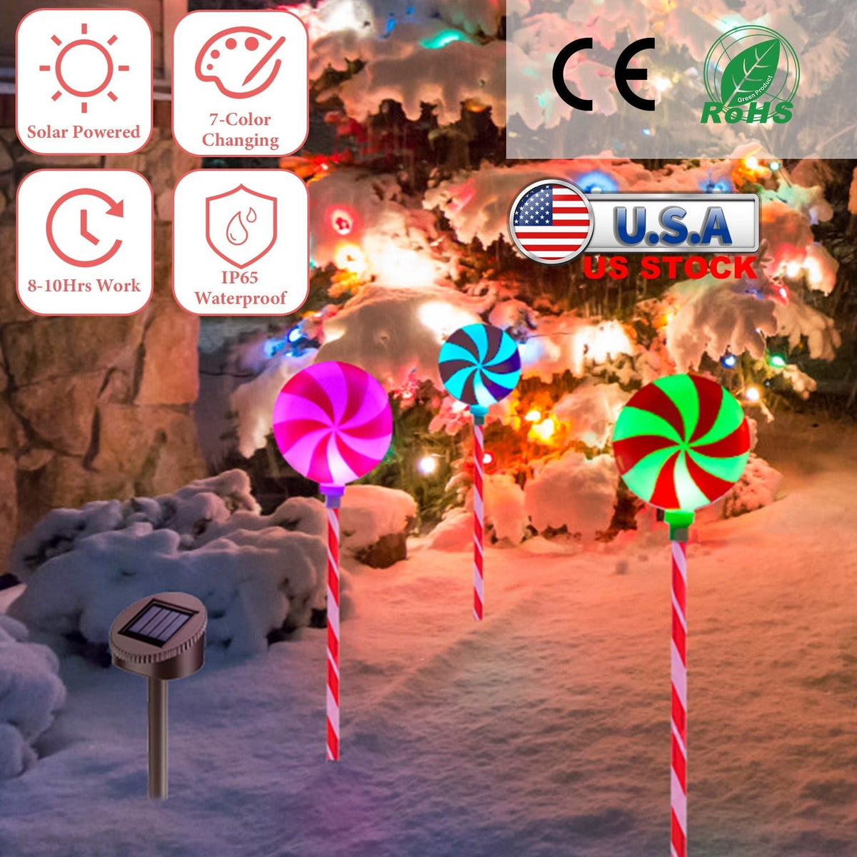 Solar Christmas Candy Light Set of 3 IP65 Waterproof Solar Lollipops Stake Lamp for Patio Yard
