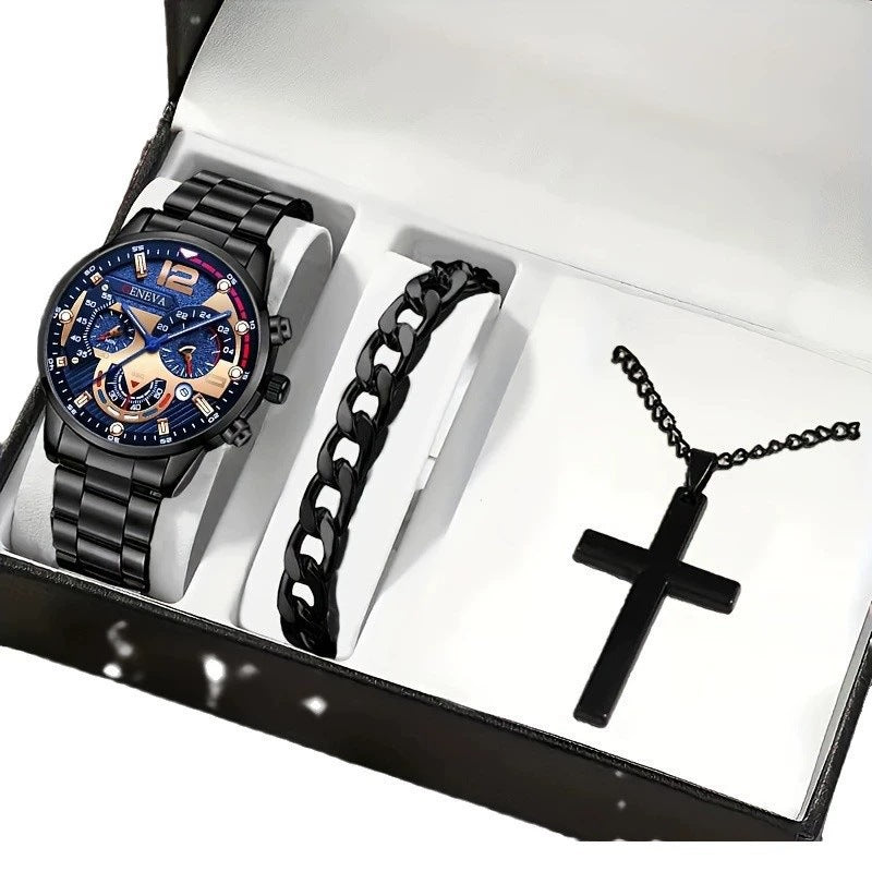 Men's Watch, Cross Necklace & Bracelet Set