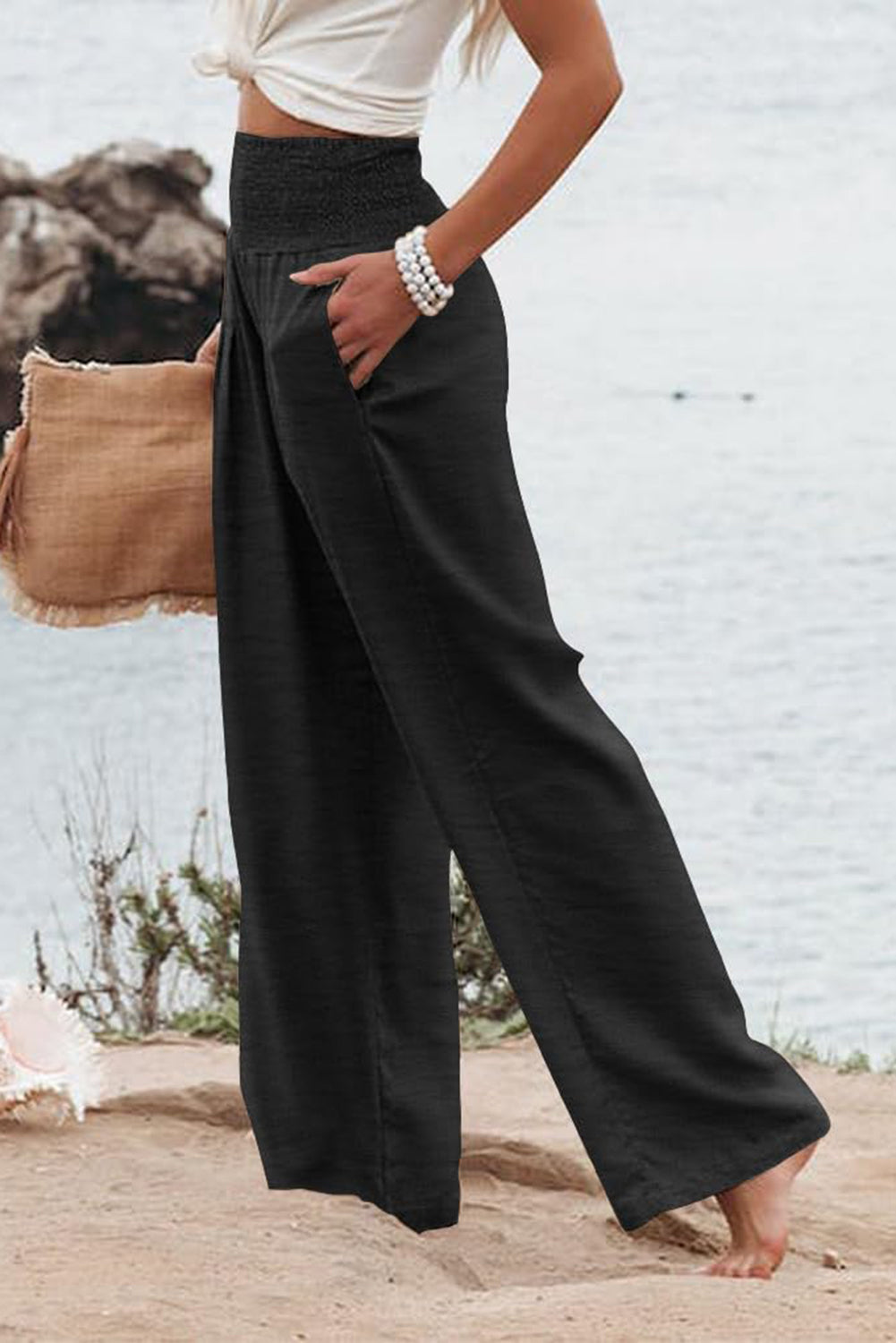 Women's Plus Size Shirred-Waist Wide-Leg Pants