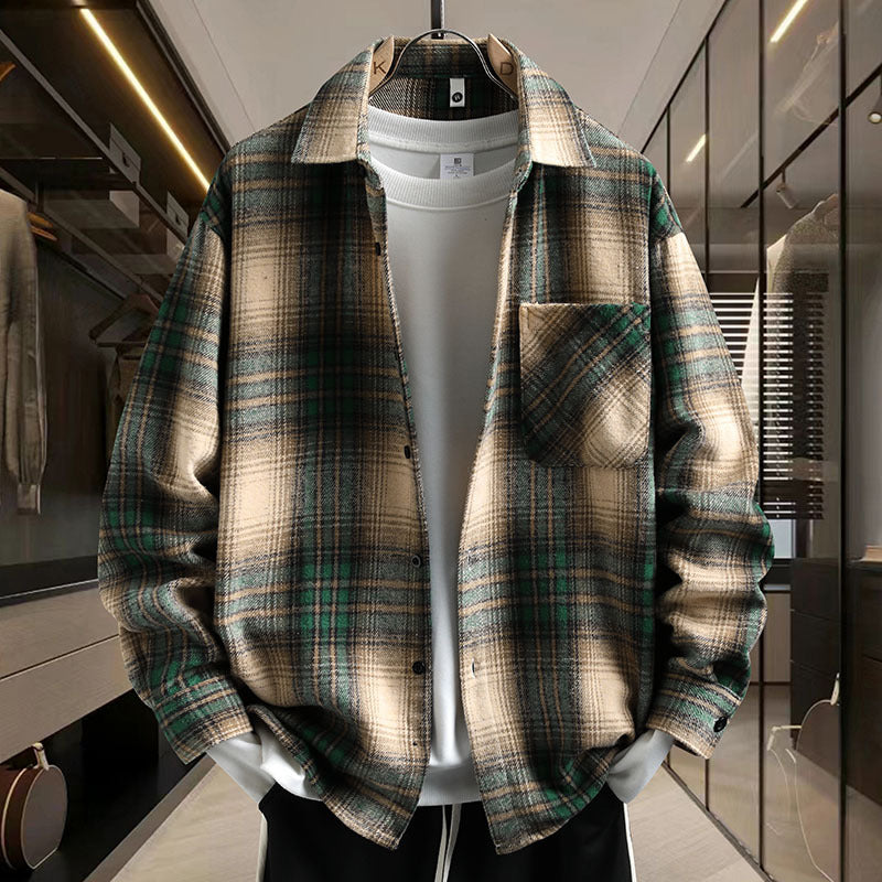 Vintage Plaid Long Sleeve Collar Men's Thickened Brushed Flannel Shirt