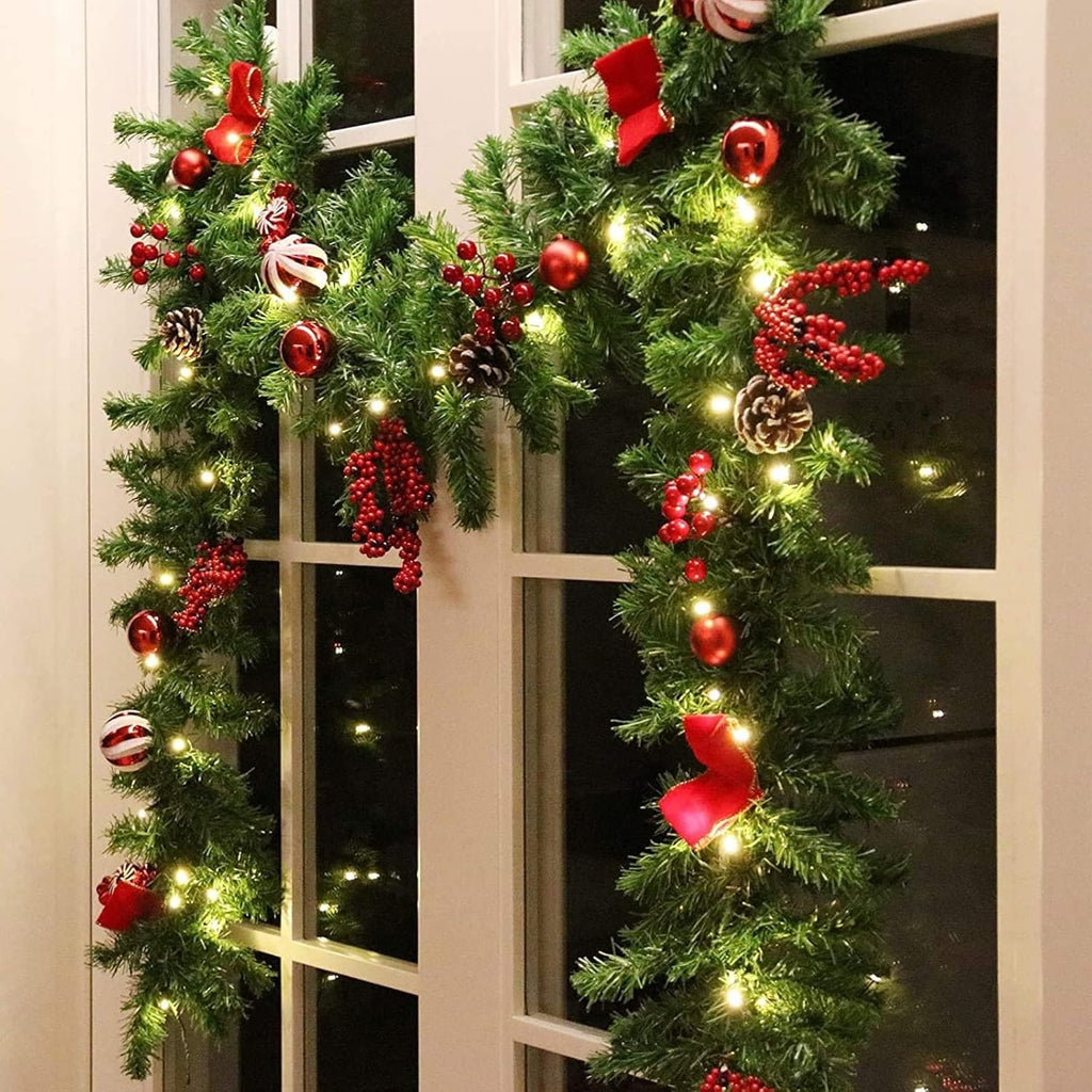 MorTime 9 ft LED Christmas Garland with Pinecones Red Berries Bows Christmas Balls Candies