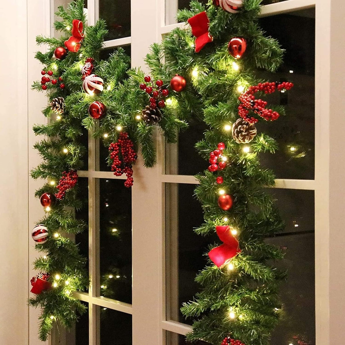 MorTime 9 ft LED Christmas Garland with Pinecones Red Berries Bows Christmas Balls Candies
