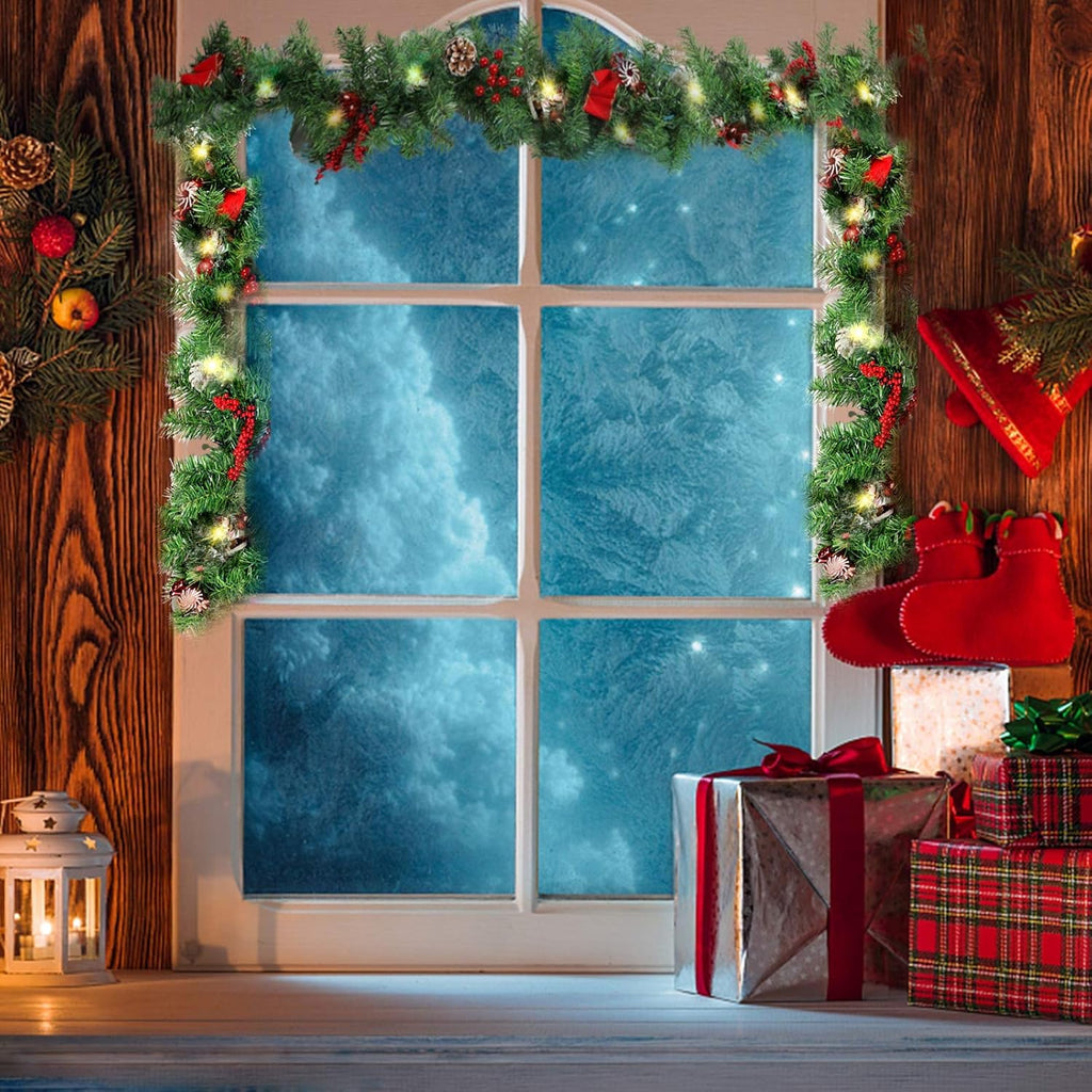 MorTime 9 ft LED Christmas Garland with Pinecones Red Berries Bows Christmas Balls Candies