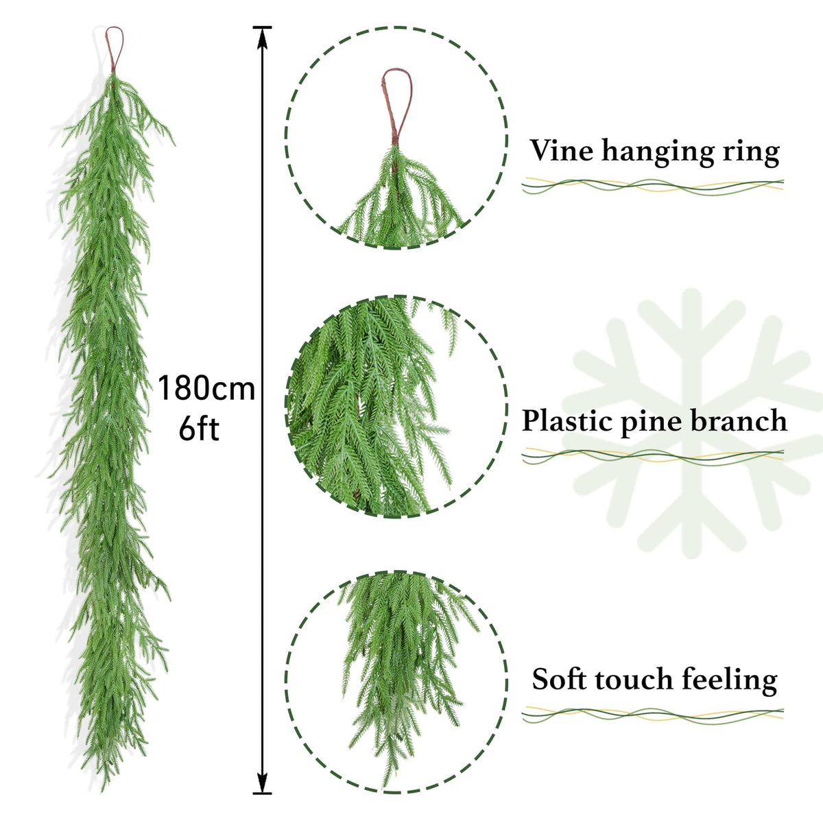 XmasExp Norfolk Pine Garland 6 ft Realistic Artificial Christmas Green
