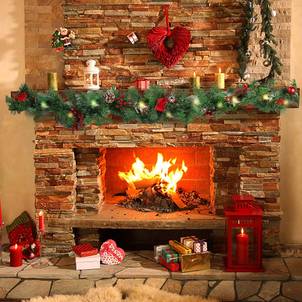 MorTime 9 ft LED Christmas Garland with Pinecones Red Berries Bows Christmas Balls Candies