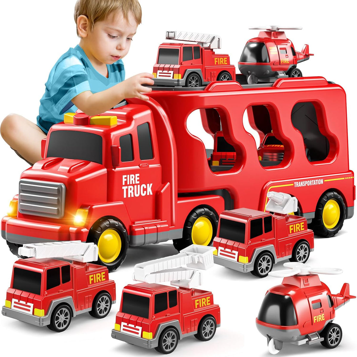 5-in-1 Fire Rescue Vehicle Carrier Toy Set