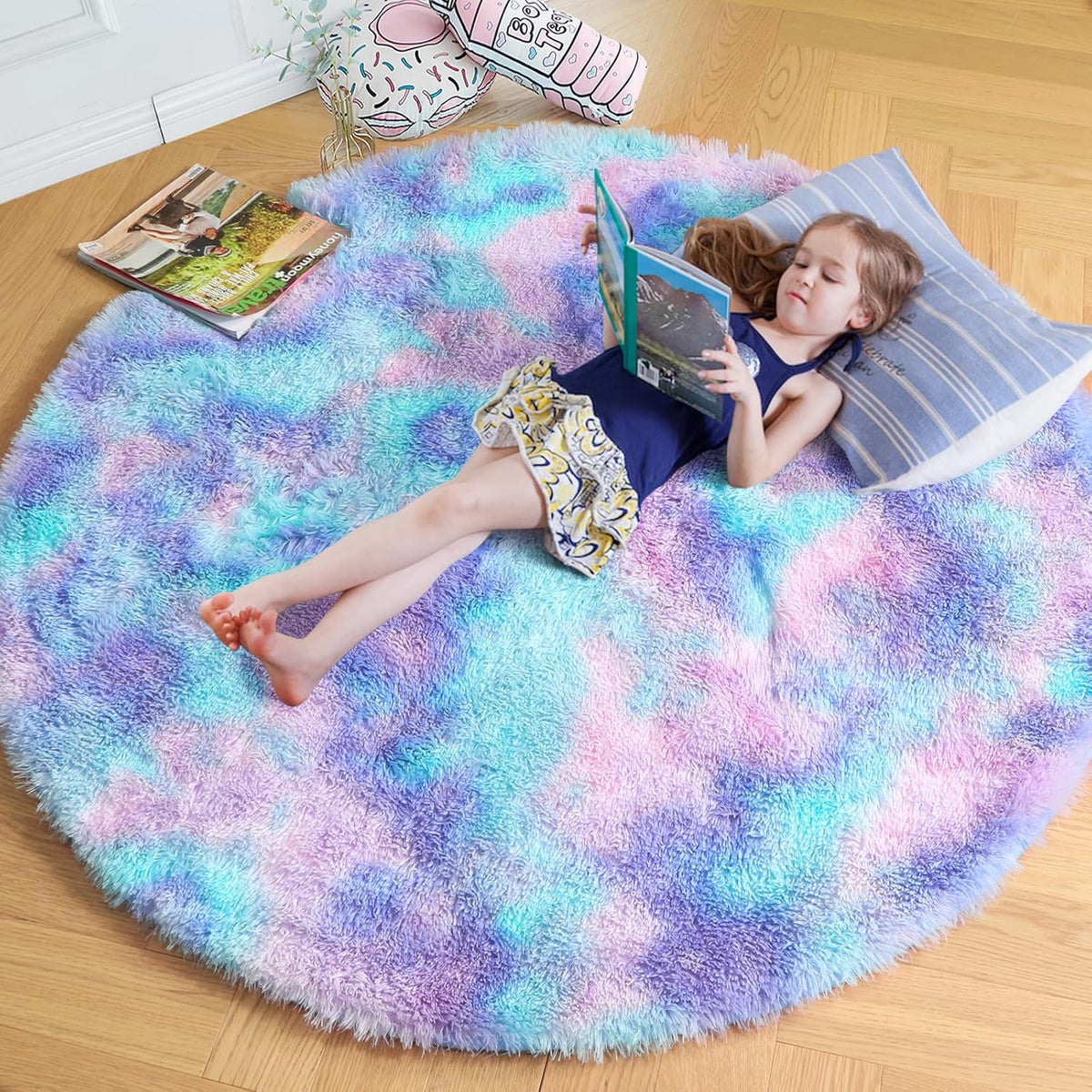 Amdrebio Light Pink Fluffy Round Bedroom Rug — 4 ft
