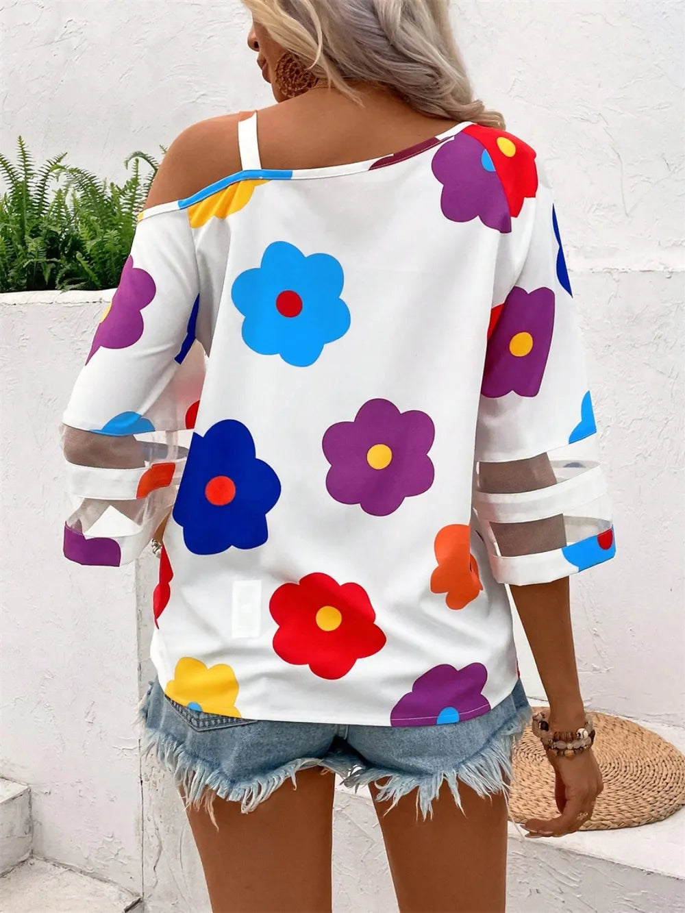 Floral Asymmetric-Neck Blouse