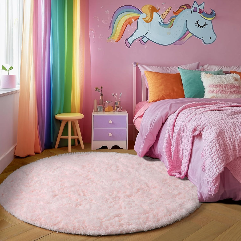 Amdrebio Light Pink Fluffy Round Bedroom Rug — 4 ft