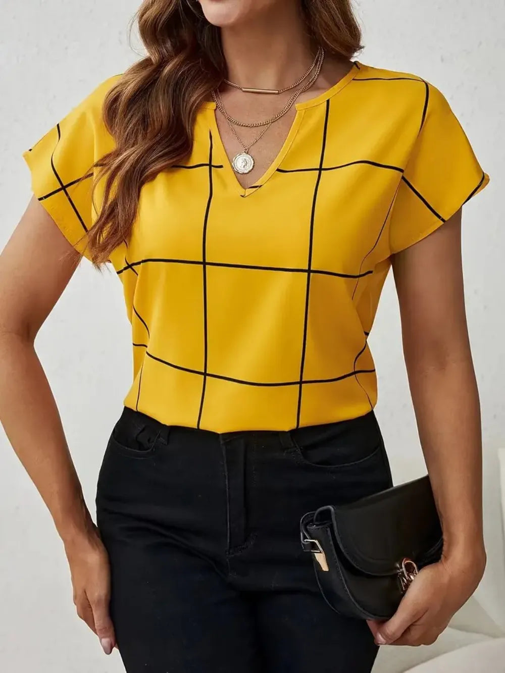 Plaid-Contrast Notched Blouse