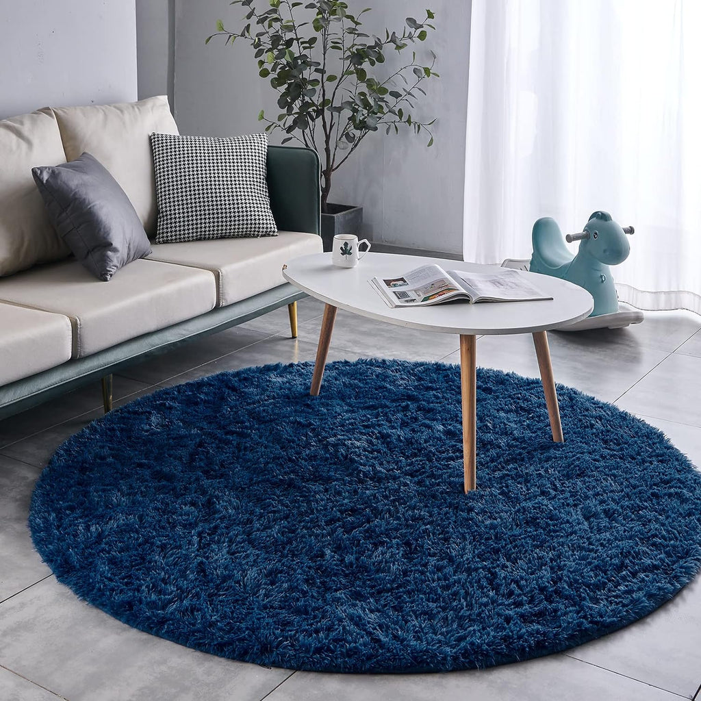 FJZFING Navy Blue Plush Round Bedroom Rug — 4 ft