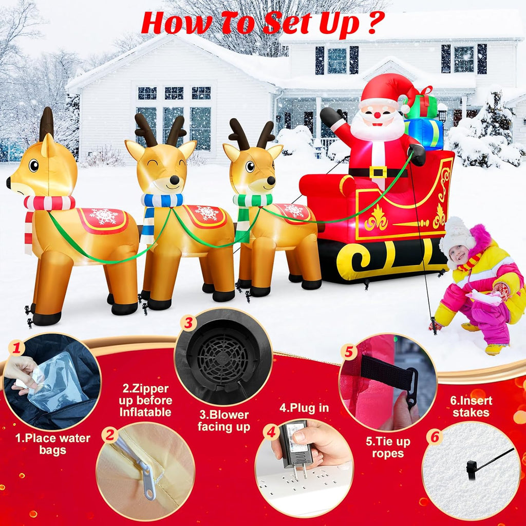 12 Foot Long Christmas Inflatables Santa Claus & Reindeer Sleigh Outdoor Decorations