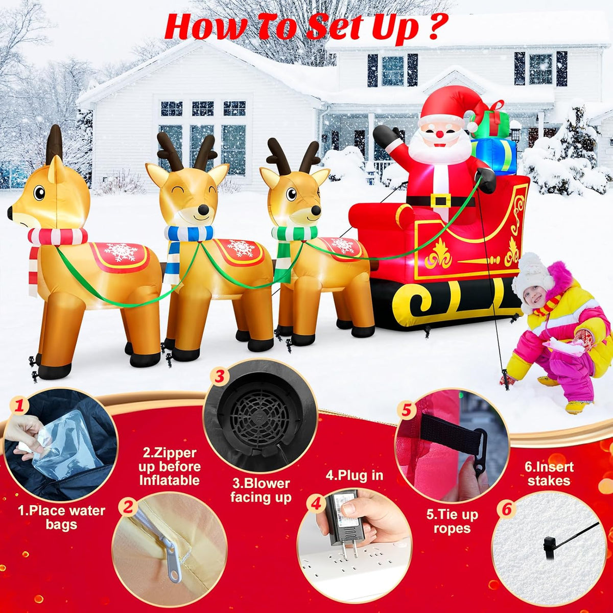 12 Foot Long Christmas Inflatables Santa Claus & Reindeer Sleigh Outdoor Decorations