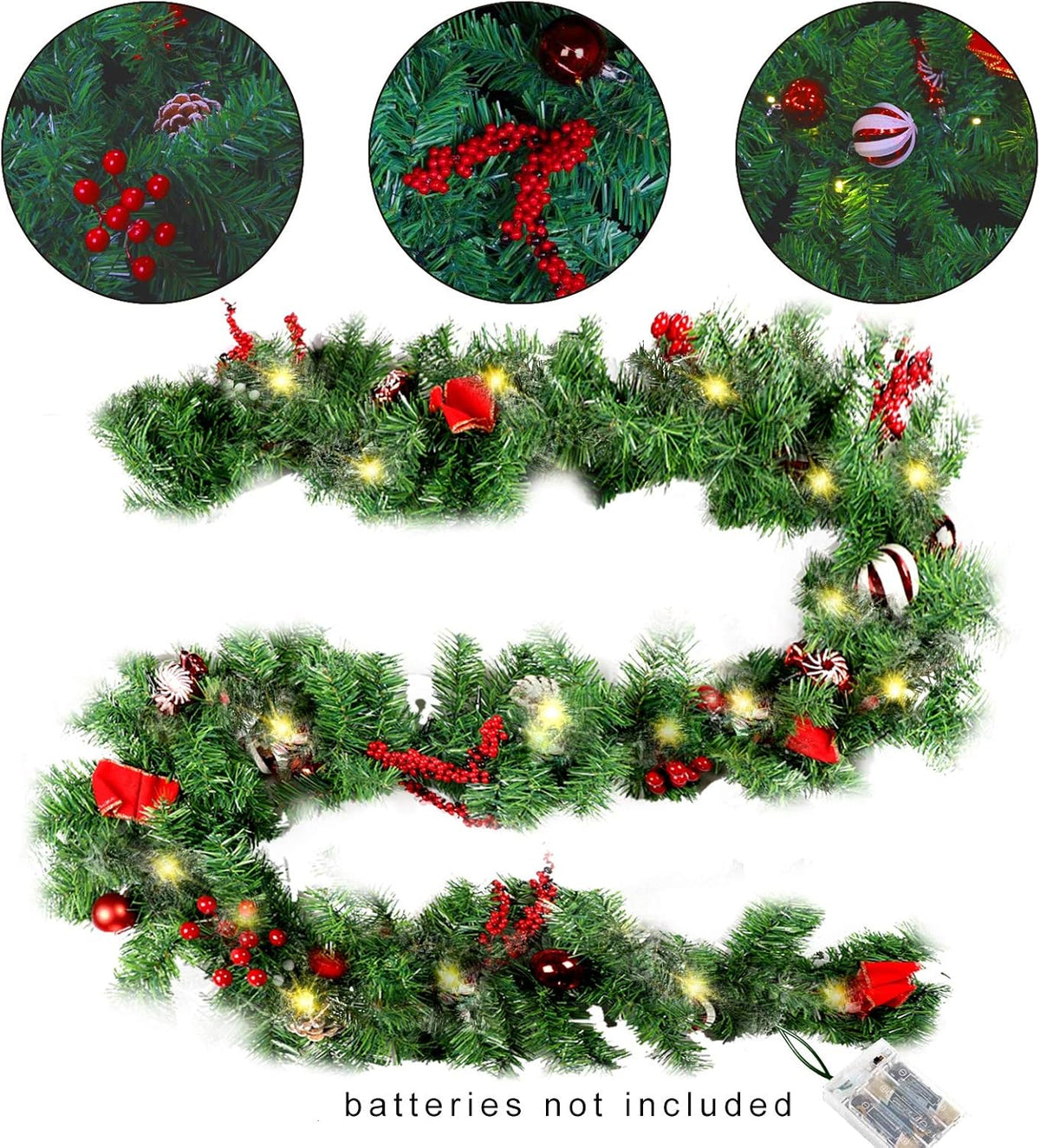 MorTime 9 ft LED Christmas Garland with Pinecones Red Berries Bows Christmas Balls Candies