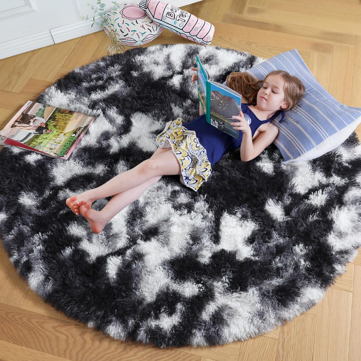 Amdrebio Light Pink Fluffy Round Bedroom Rug — 4 ft