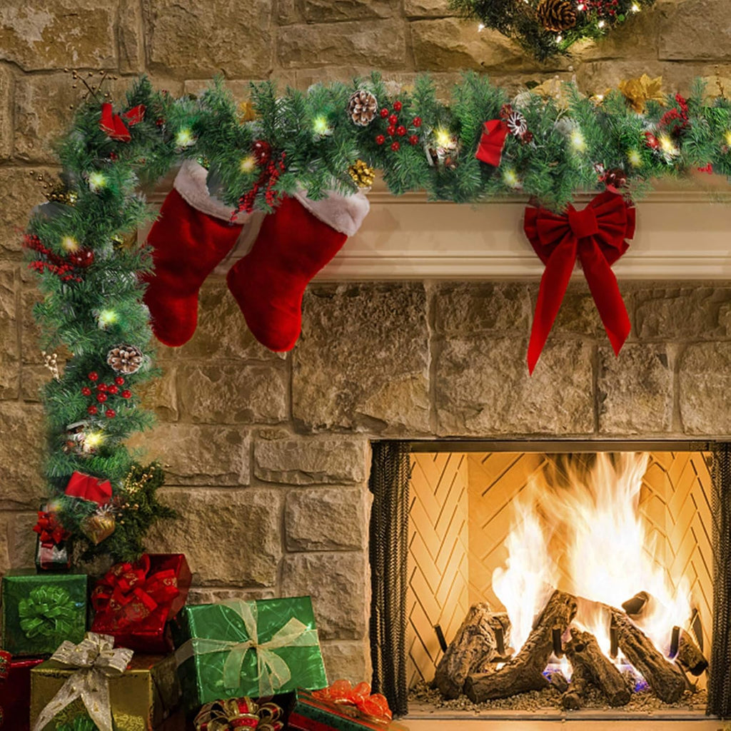 MorTime 9 ft LED Christmas Garland with Pinecones Red Berries Bows Christmas Balls Candies