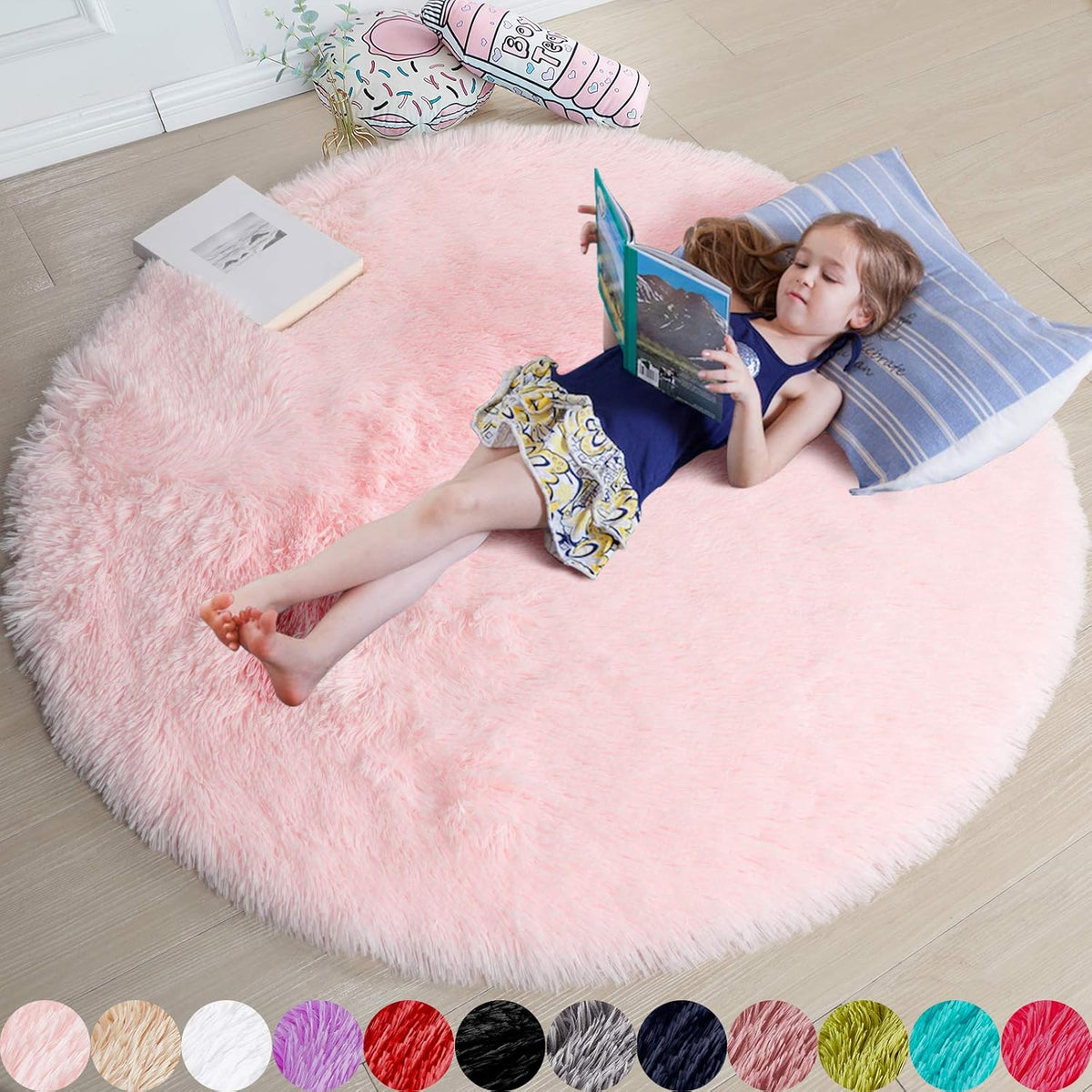 Amdrebio Light Pink Fluffy Round Bedroom Rug — 4 ft
