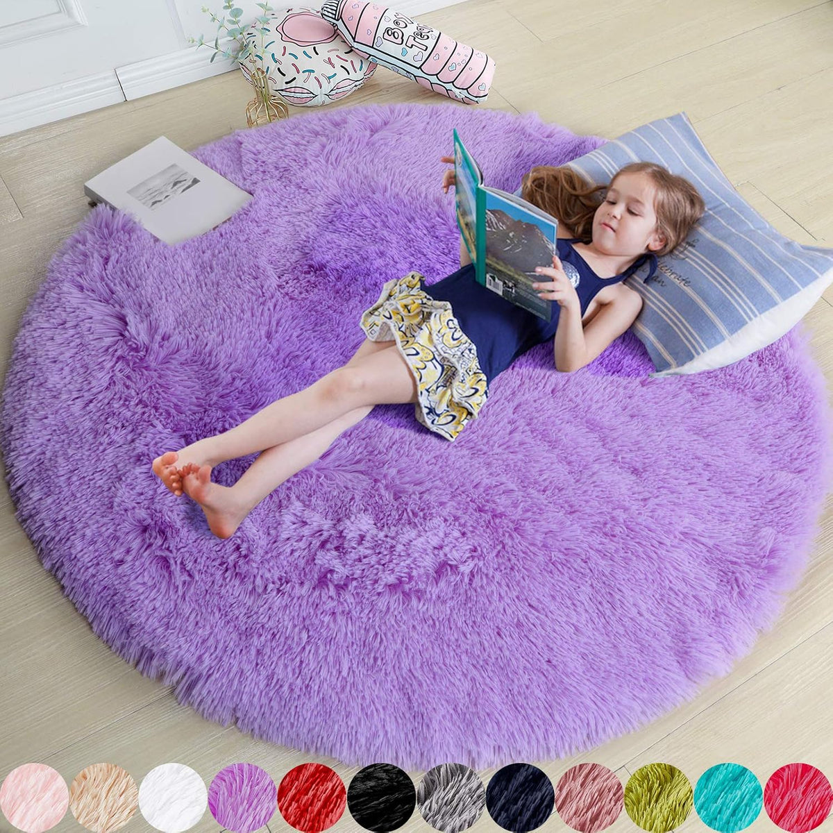 Amdrebio Light Pink Fluffy Round Bedroom Rug — 4 ft