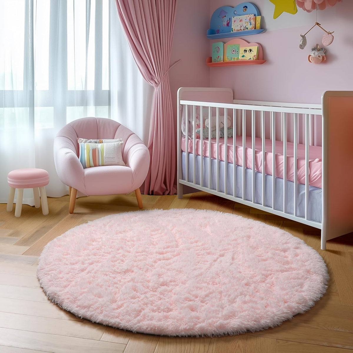 Amdrebio Light Pink Fluffy Round Bedroom Rug — 4 ft