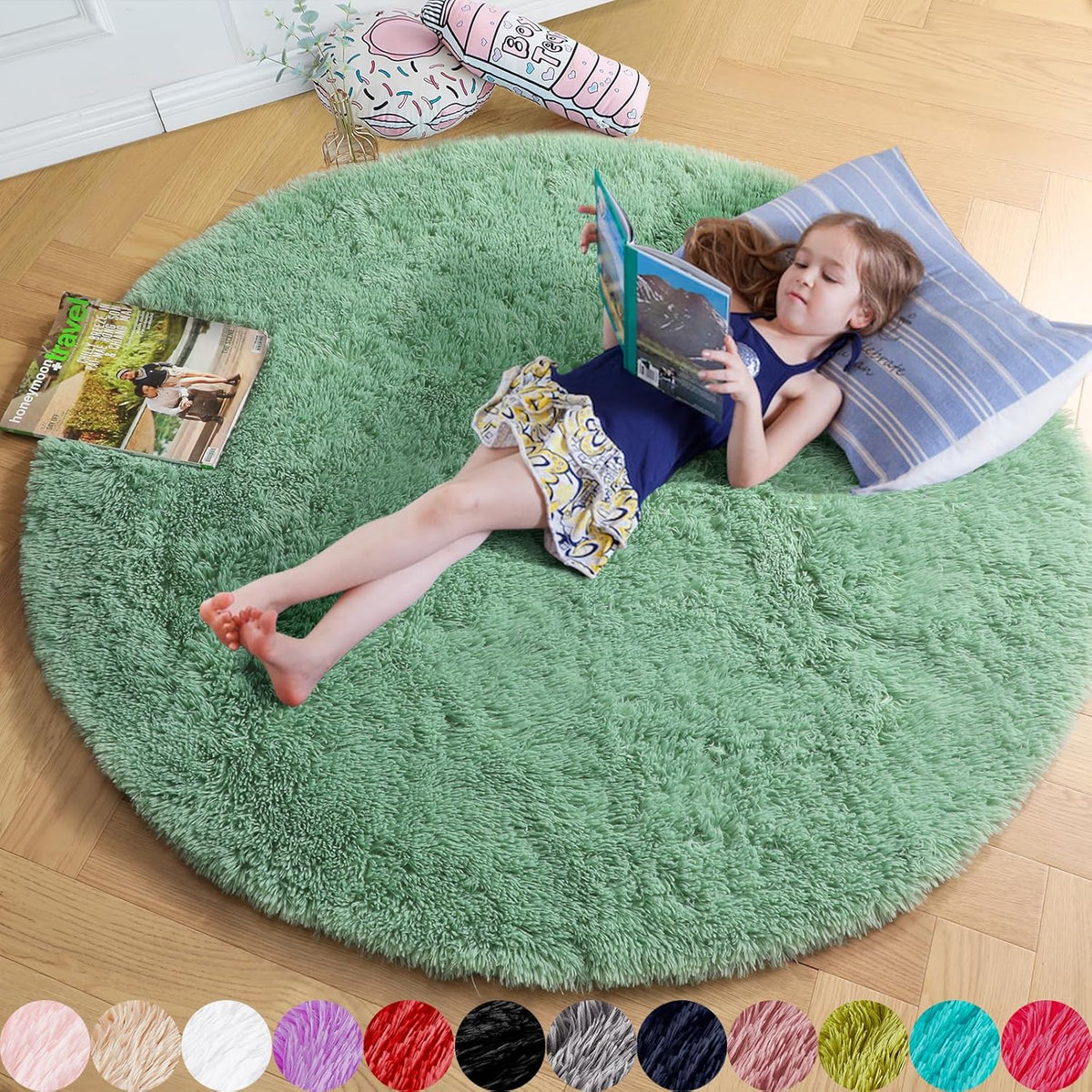 Amdrebio Light Pink Fluffy Round Bedroom Rug — 4 ft