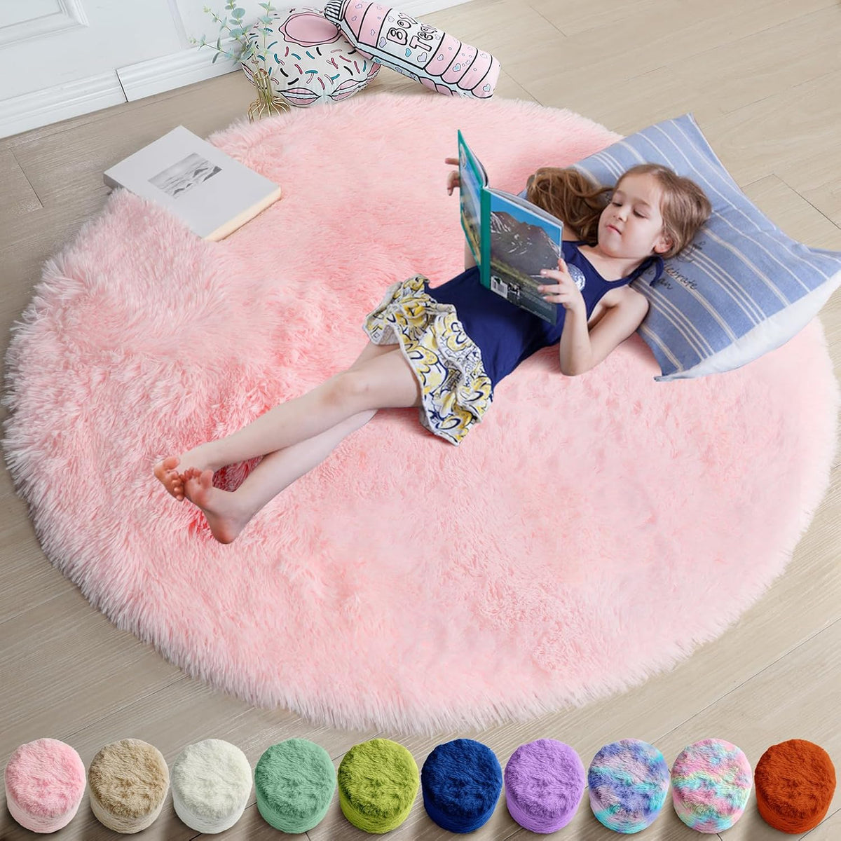 Amdrebio Light Pink Fluffy Round Bedroom Rug — 4 ft