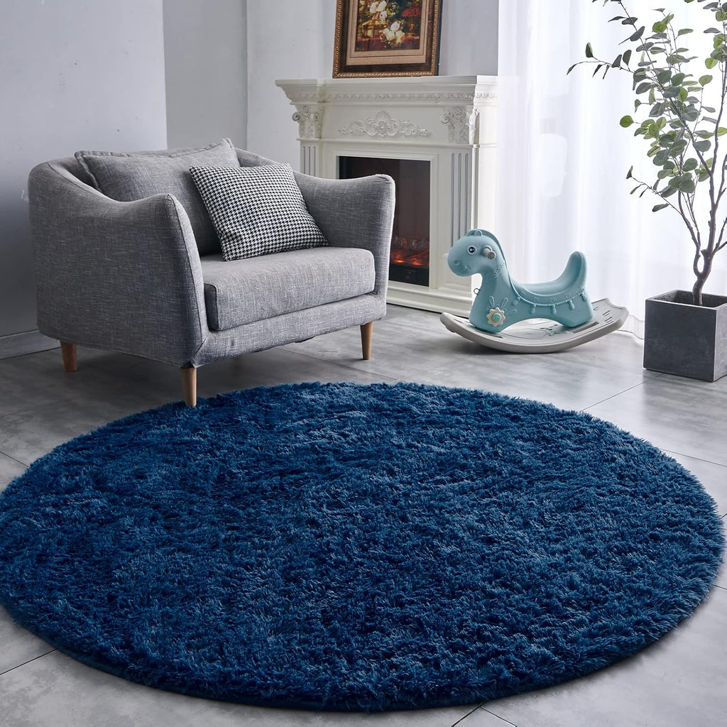 FJZFING Navy Blue Plush Round Bedroom Rug — 4 ft