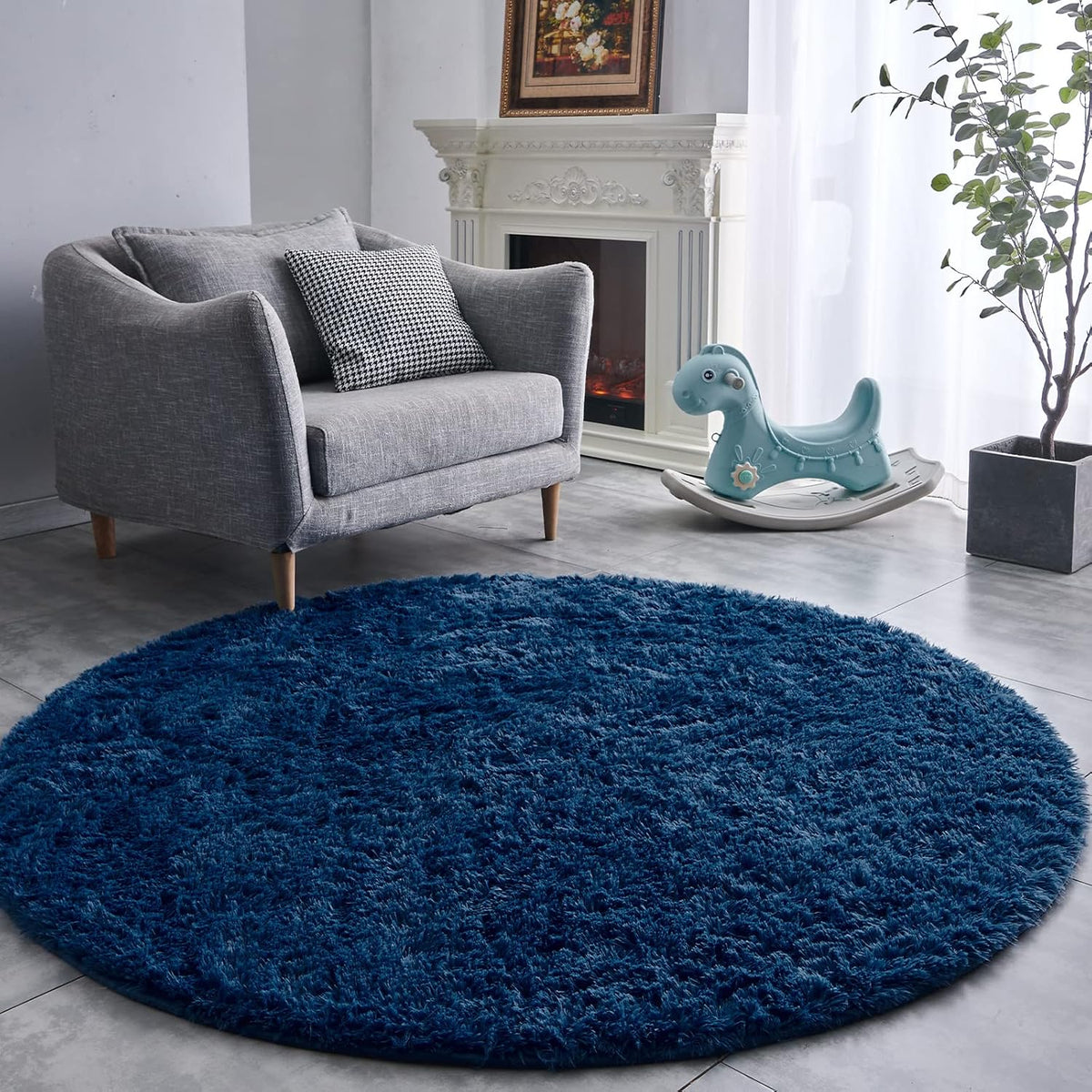 FJZFING Navy Blue Plush Round Bedroom Rug — 4 ft