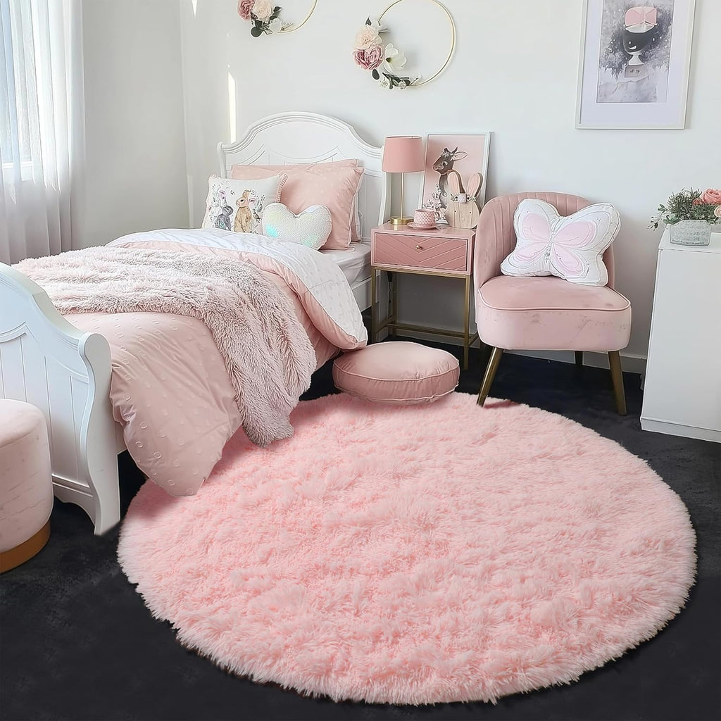 Amdrebio Light Pink Fluffy Round Bedroom Rug — 4 ft