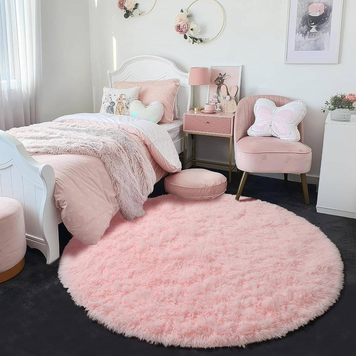 Amdrebio Light Pink Fluffy Round Bedroom Rug — 4 ft