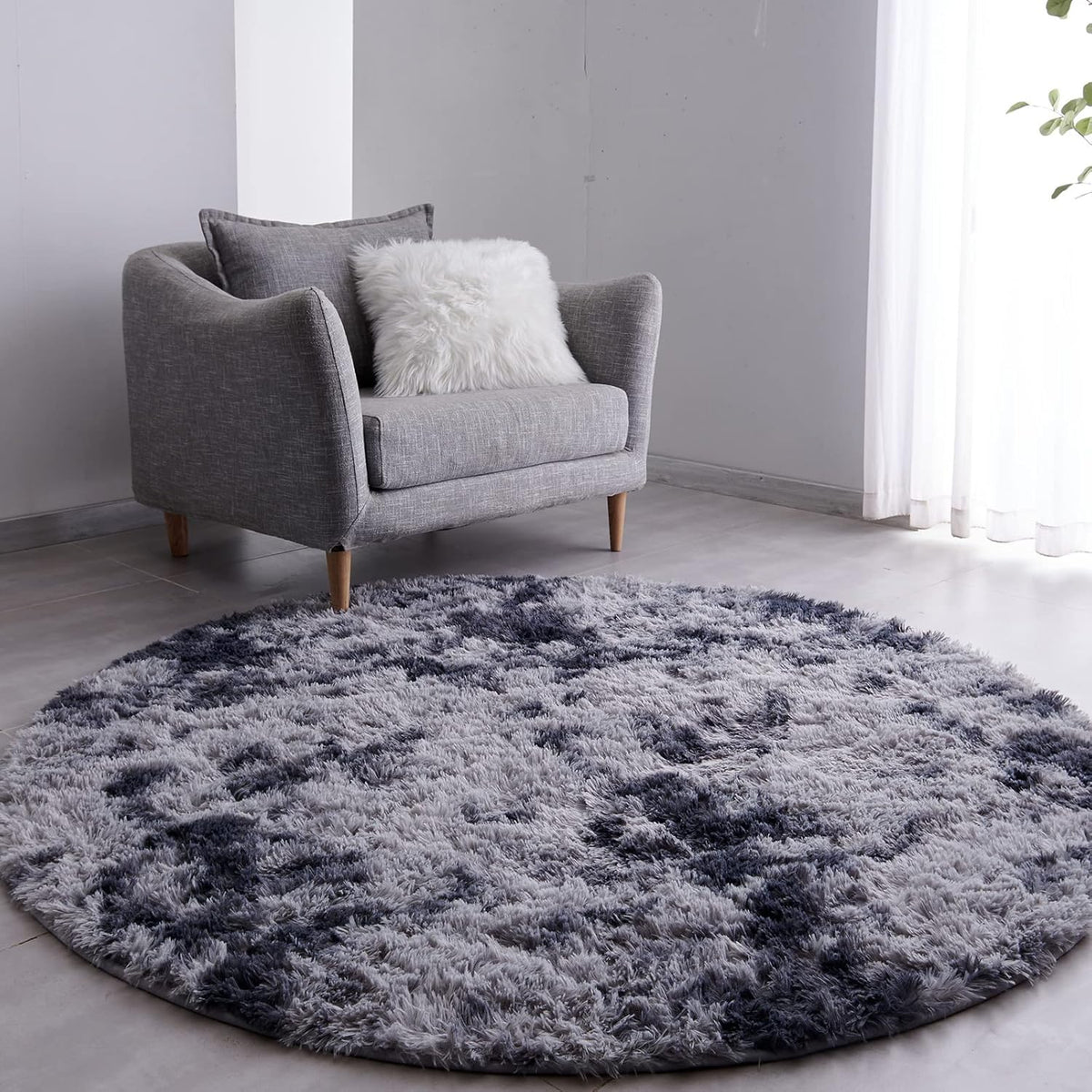 FJZFING Navy Blue Plush Round Bedroom Rug — 4 ft