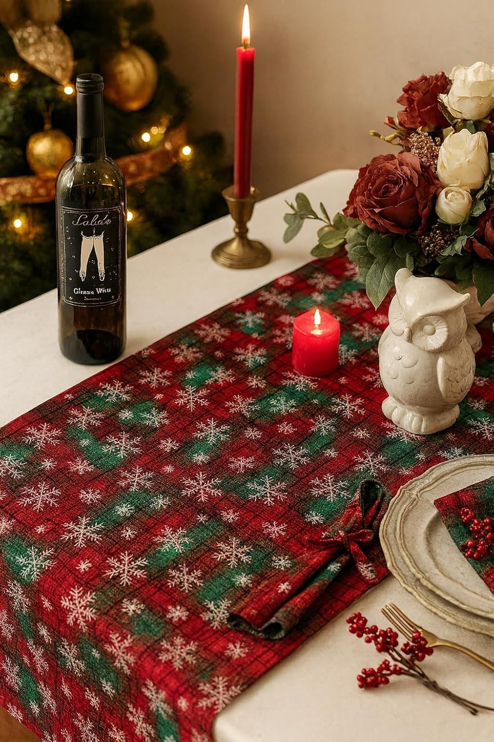 Red & Green Tartan Snowflake Table Runner – 13 x 73 in