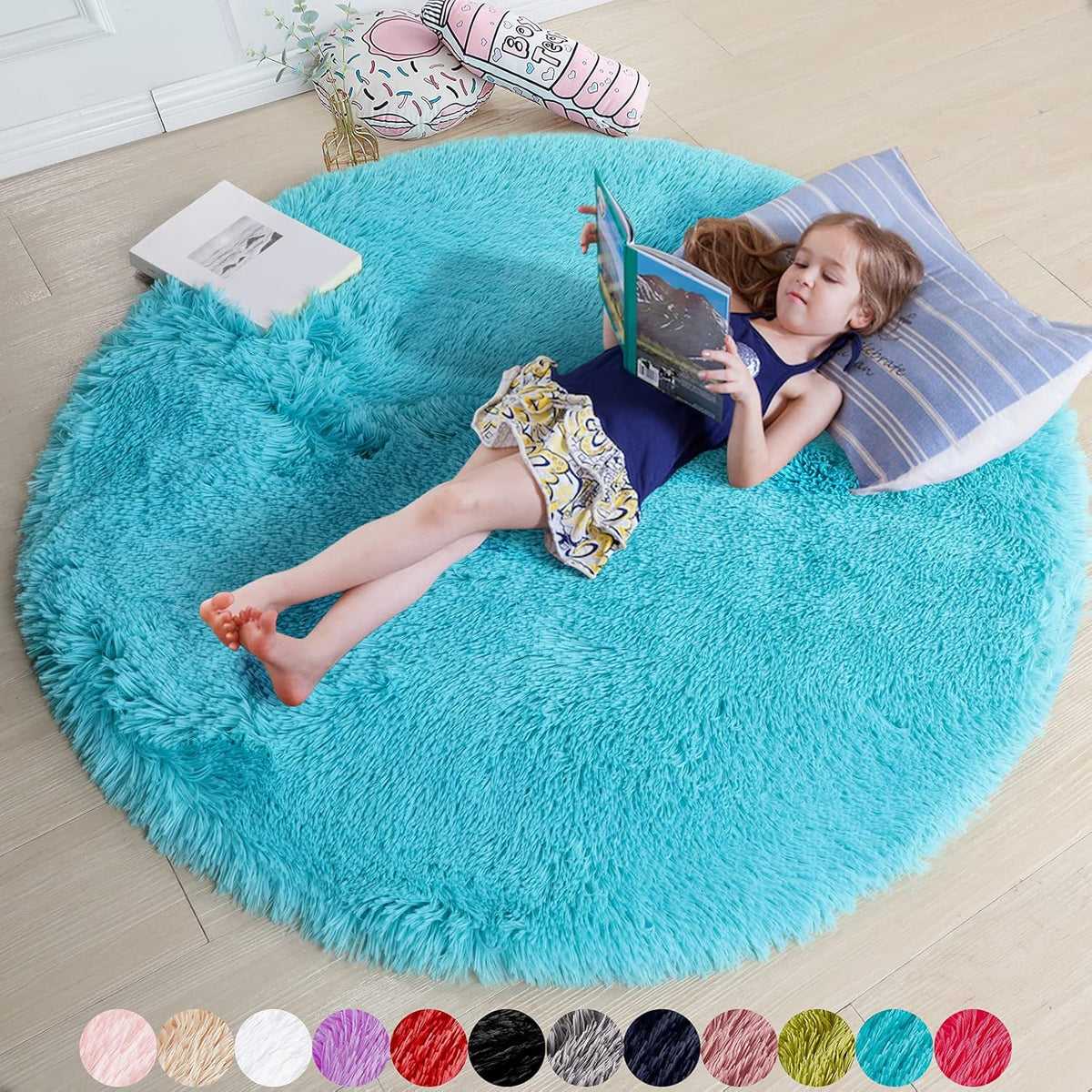 Amdrebio Light Pink Fluffy Round Bedroom Rug — 4 ft