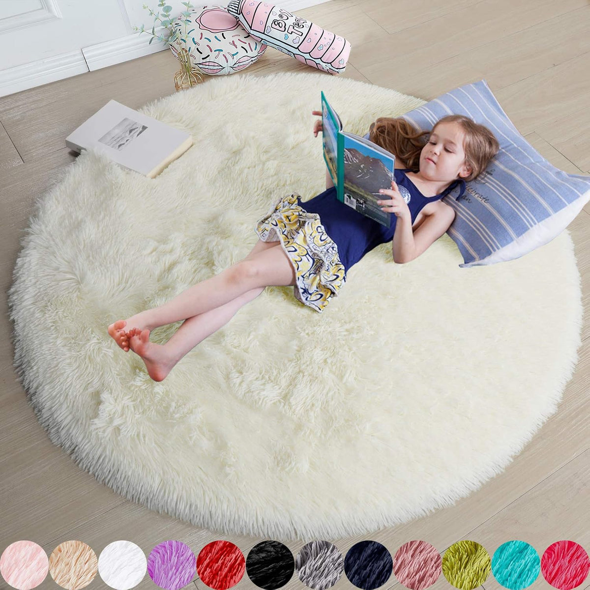 Amdrebio Light Pink Fluffy Round Bedroom Rug — 4 ft