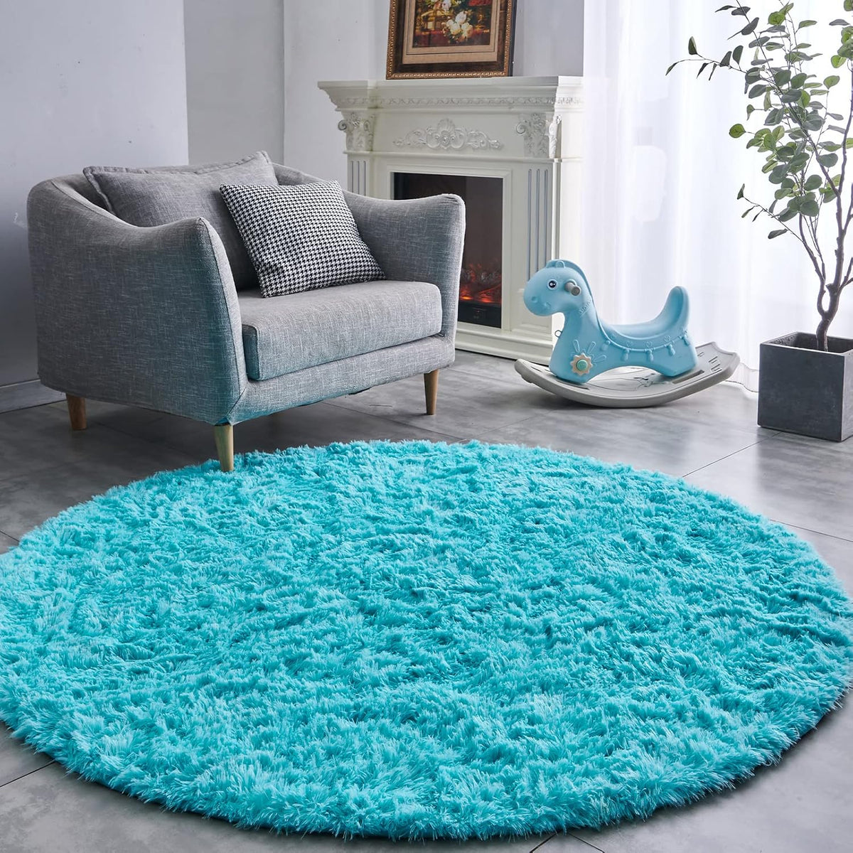 FJZFING Navy Blue Plush Round Bedroom Rug — 4 ft