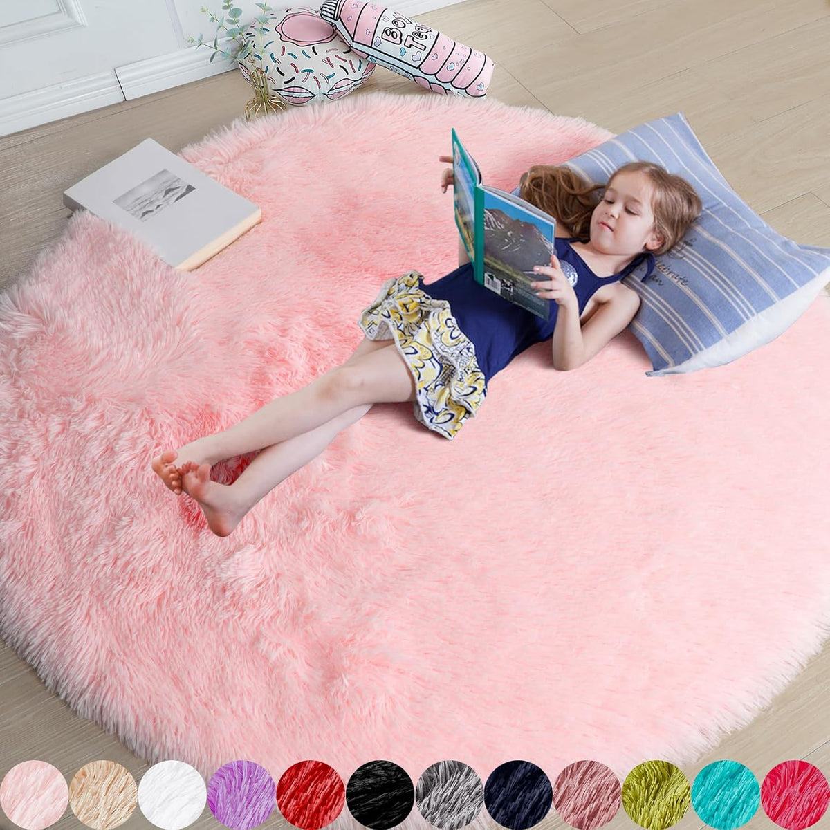 Amdrebio Light Pink Fluffy Round Bedroom Rug — 4 ft