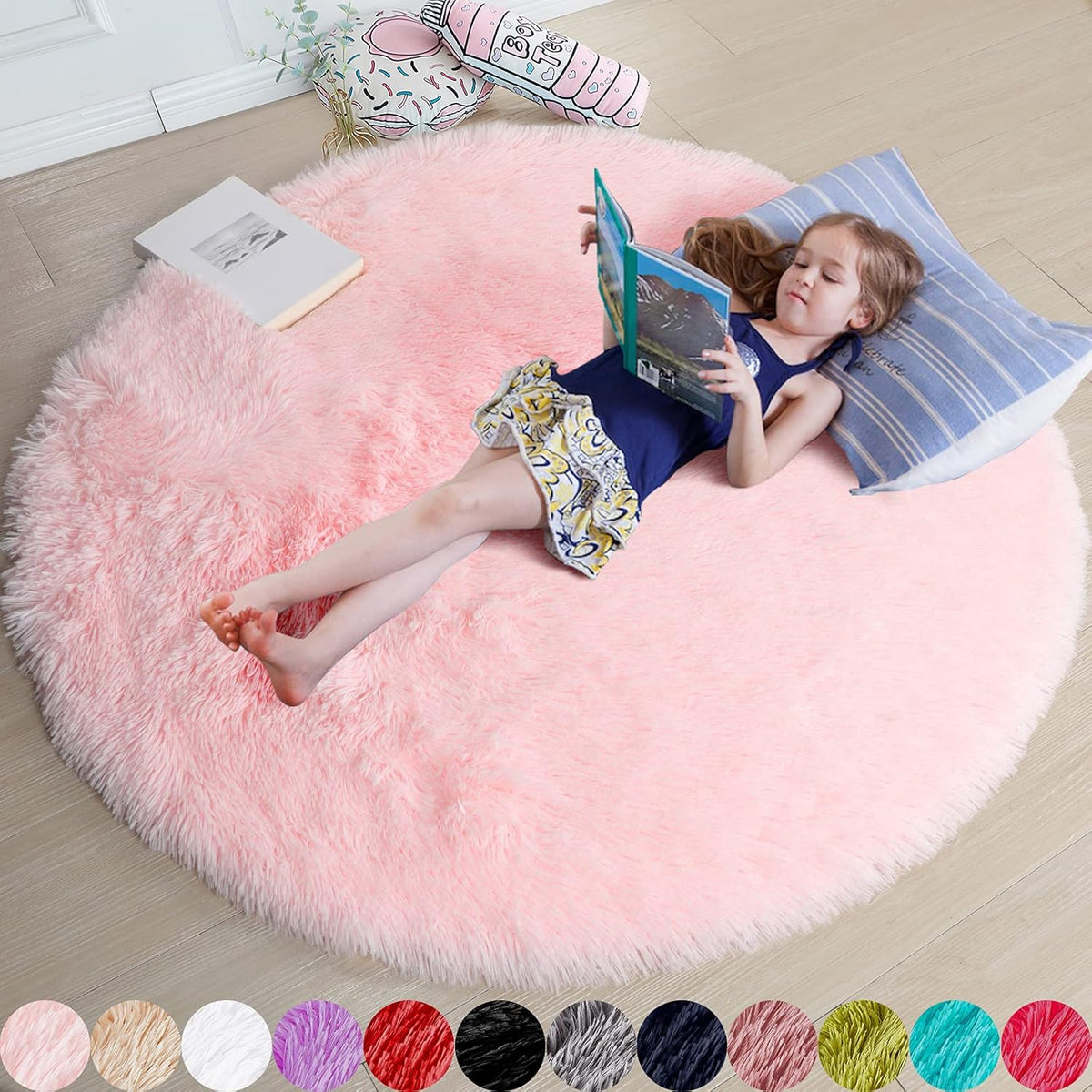 Amdrebio Light Pink Fluffy Round Bedroom Rug — 4 ft