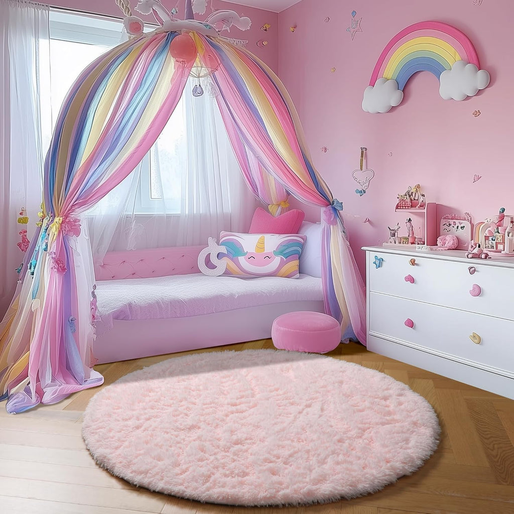 Amdrebio Light Pink Fluffy Round Bedroom Rug — 4 ft