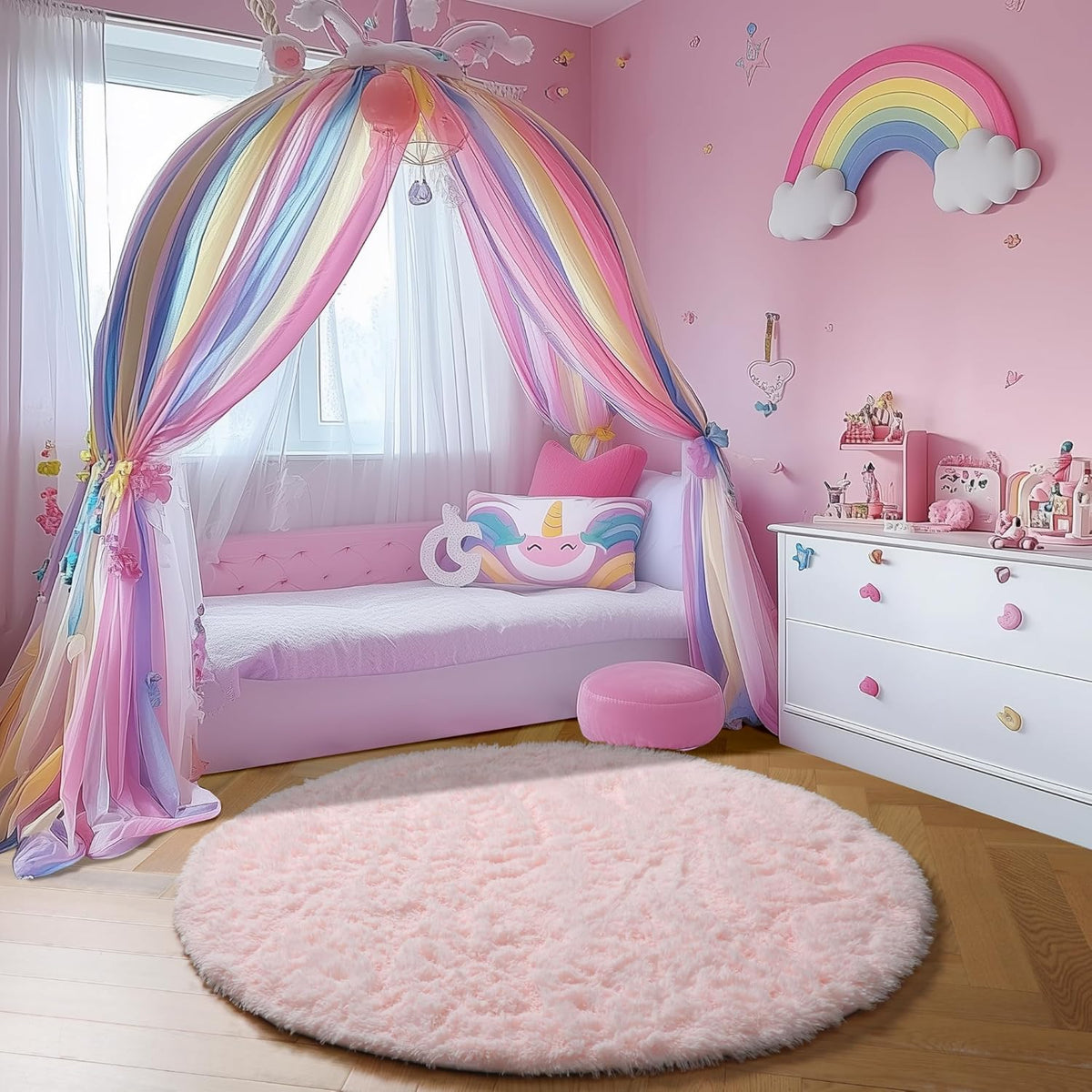 Amdrebio Light Pink Fluffy Round Bedroom Rug — 4 ft