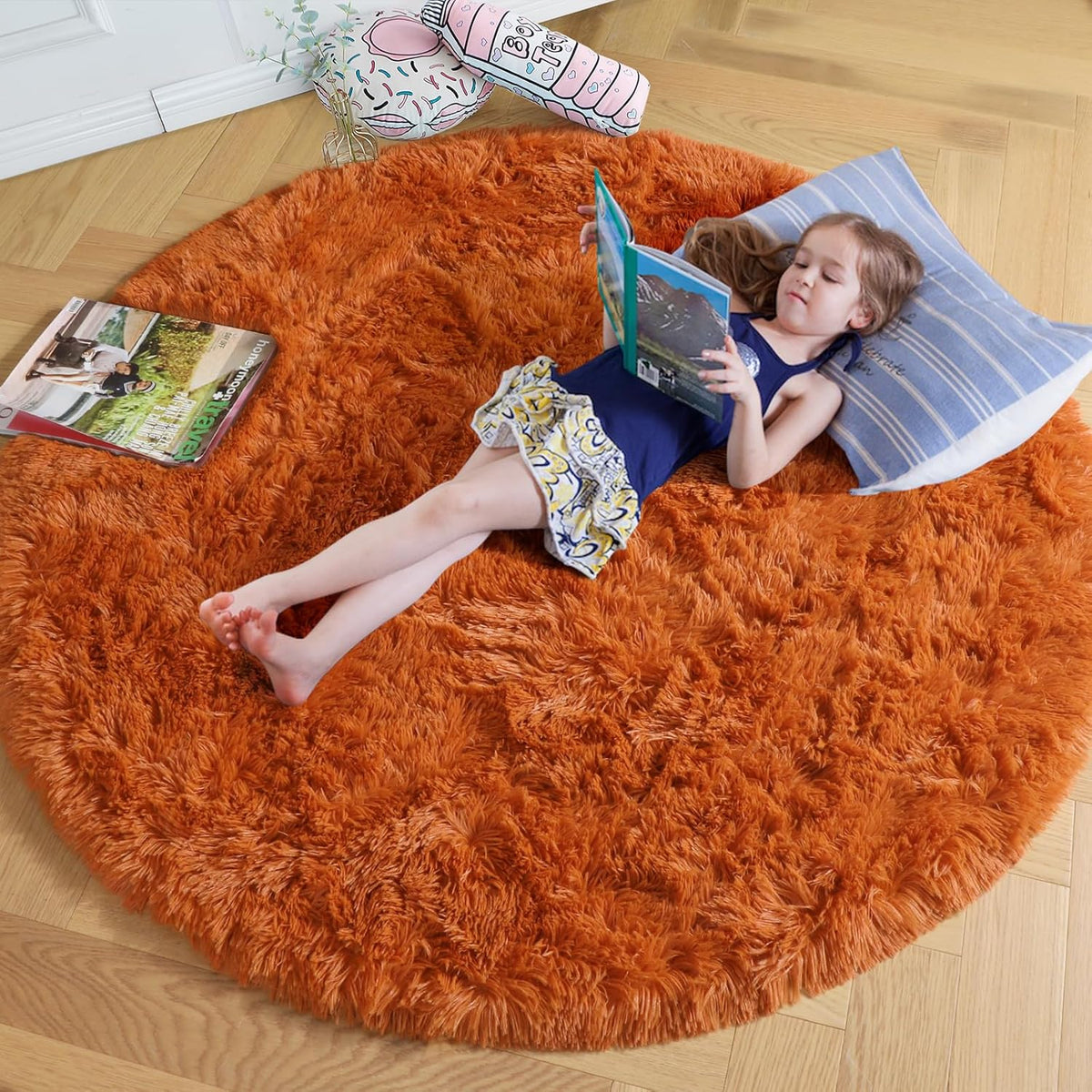Amdrebio Light Pink Fluffy Round Bedroom Rug — 4 ft