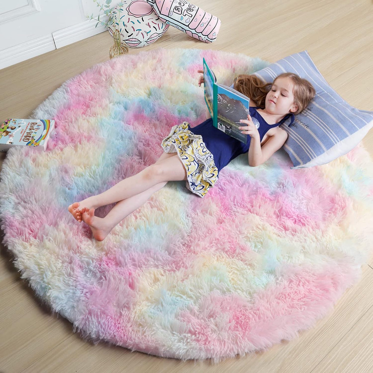 Amdrebio Light Pink Fluffy Round Bedroom Rug — 4 ft